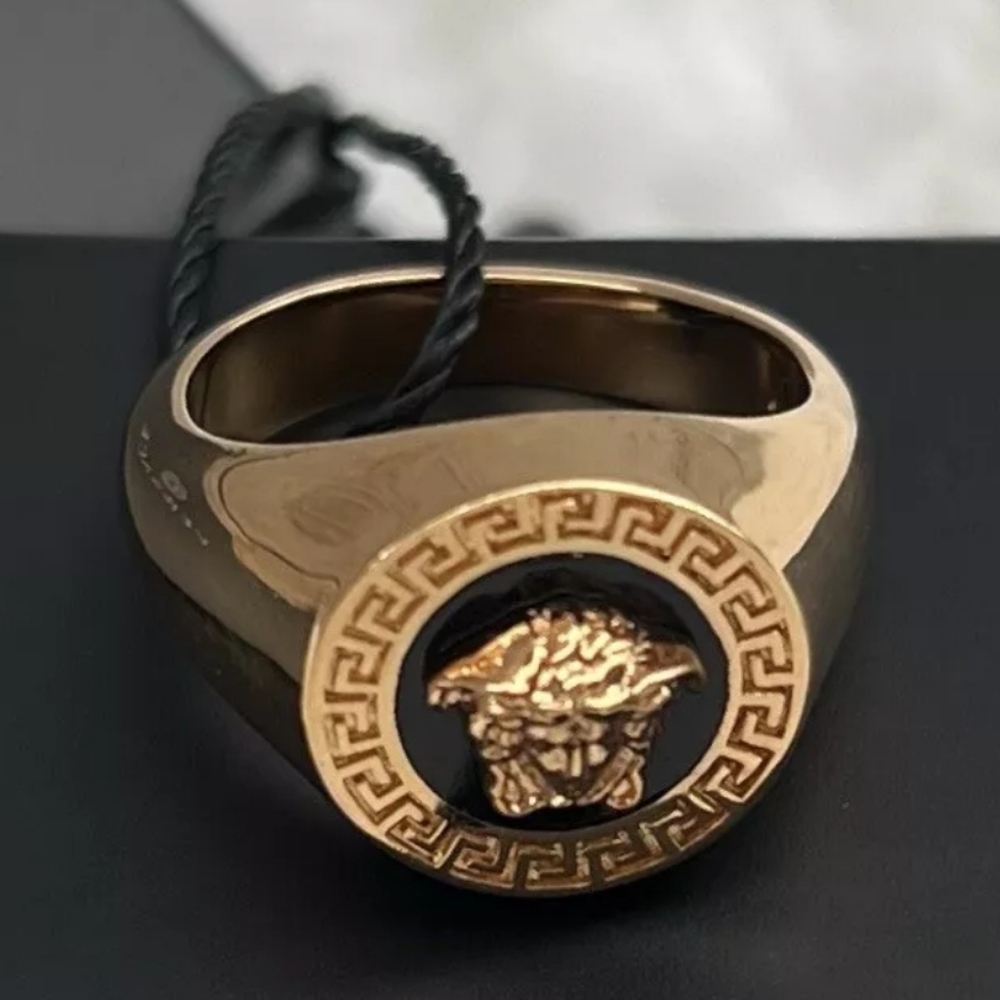 NEW Versace Grecca Engraved Round Medusa Logo Gold Black Ring Size 15 = Womens 7